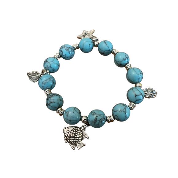 Beaded Stretch Silvertone Fish Feather Star Jerusalem Cross Bracelet Blue NWOT - Picture 1 of 12